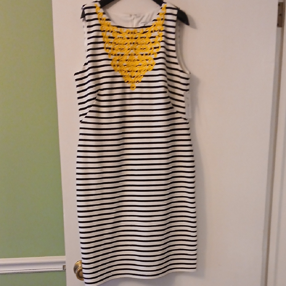 Chic Striped Midi Dress with Yellow Detail